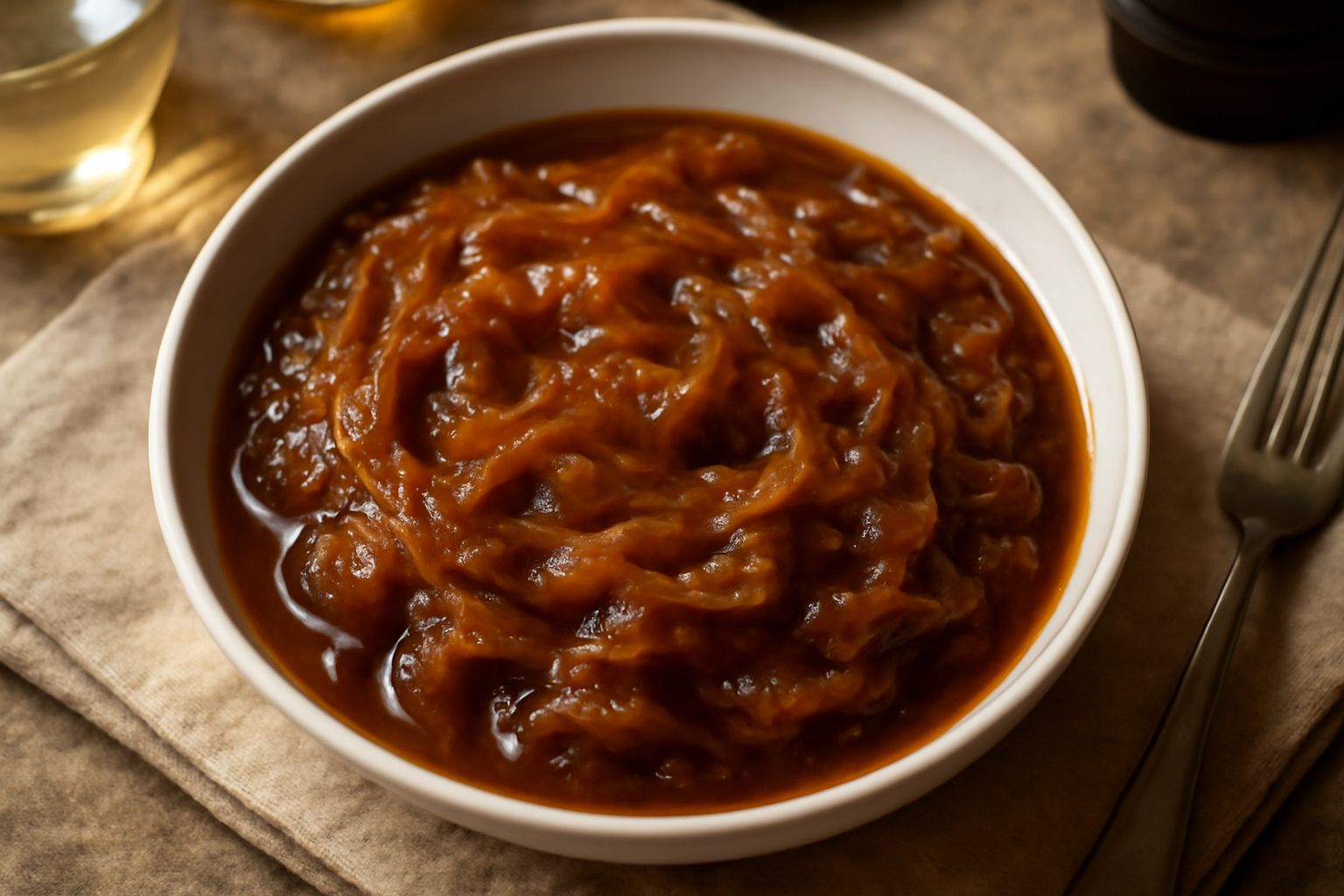 Condimento di cipolla marrone scuro e lucido in una ciotola di ceramica bianca, con fili di cipolla caramellata visibili, accompagnato da una cucchiaiata su uno sfondo di legno naturale