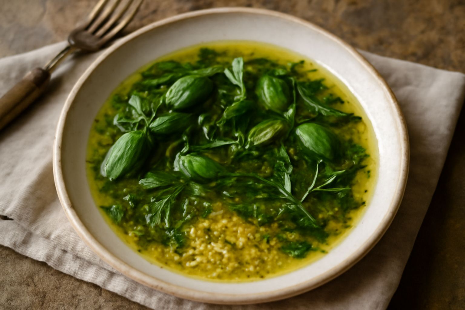 Condimento di erbe aromatiche in un piccolo barattolo di vetro: dentro si vedono foglie verdi di basilico, prezzemolo e rosmarino intere, coperte da olio giallo dorato, con sfumature di aglio tritato 
