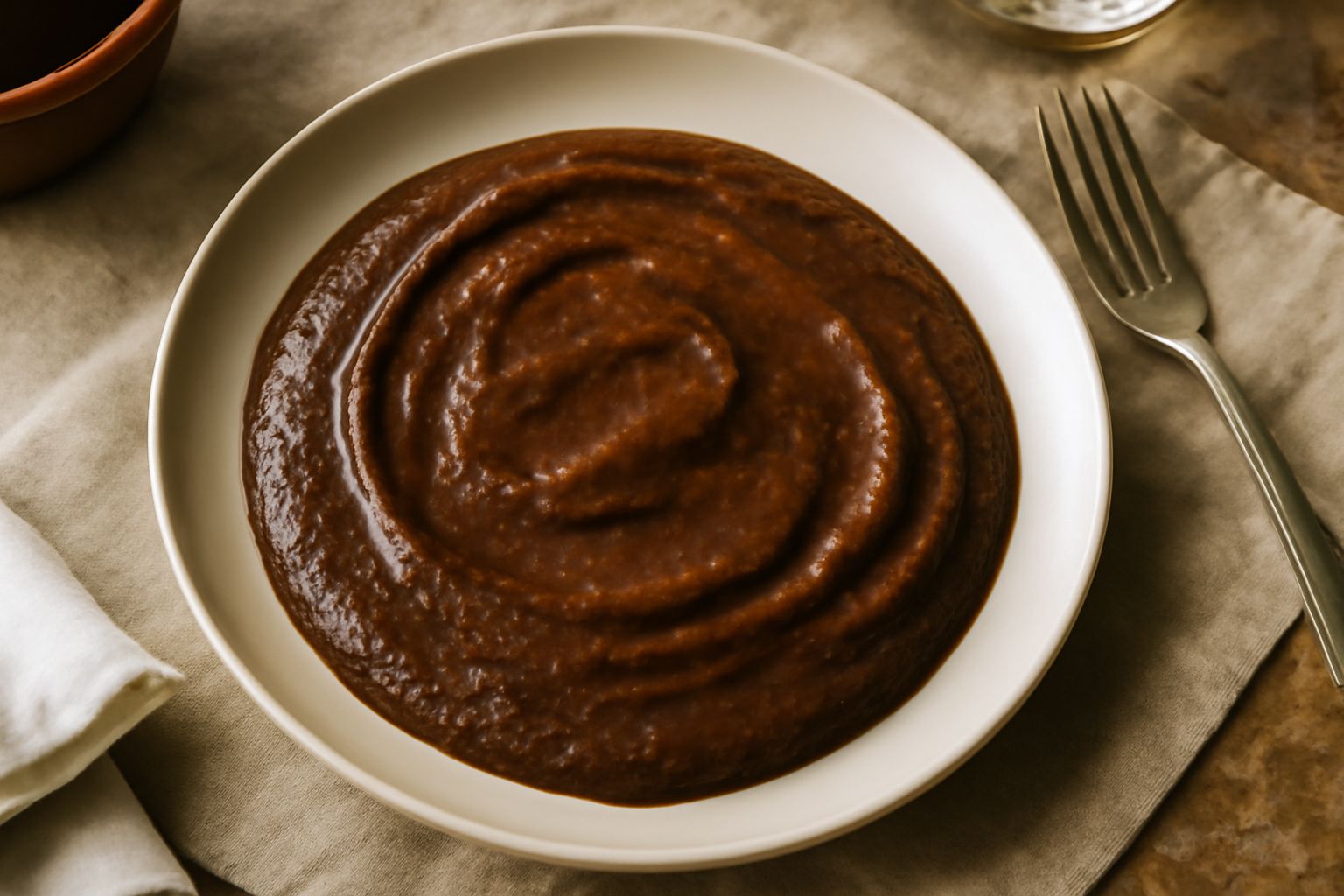 Condimento di fegato marrone scuro in una ciotola bianca, con aspetto cremoso e omogeneo, accanto a crostini di pane tostato e un cucchiaio di legno