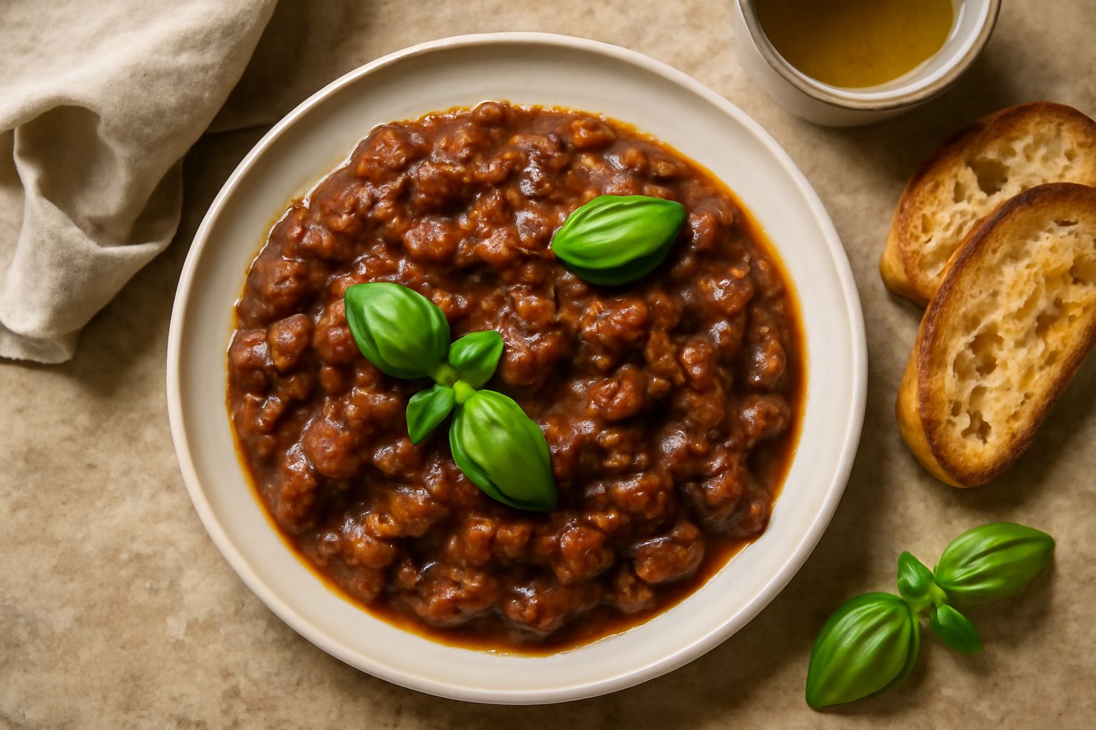 Ciotola di ceramica bianca con condimento di melanzane color marrone dorato, melanzane tagliate a cubetti visibili, basilico fresco verde sulla superficie, olio d'oliva che brilla, cucchiaio di legno 