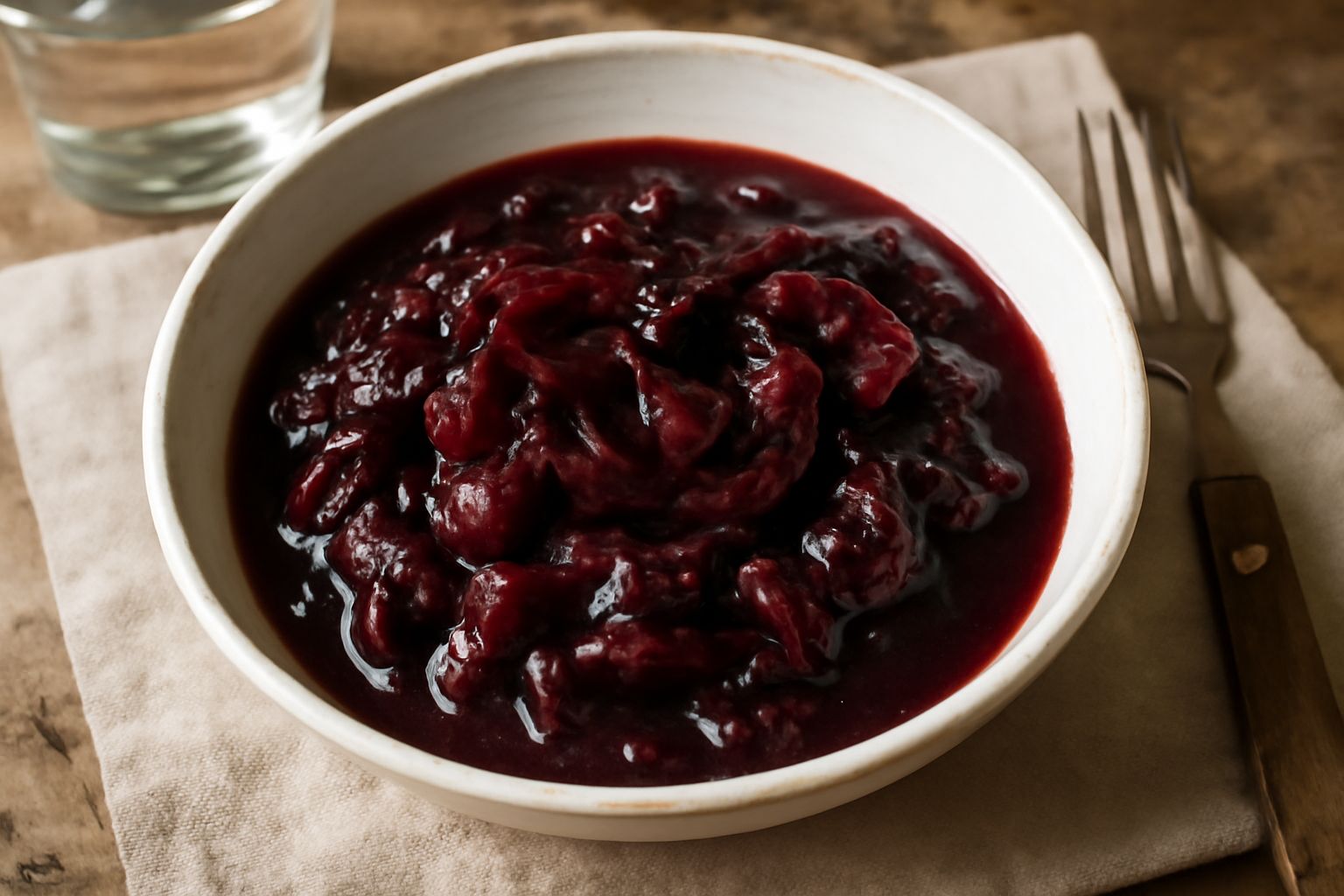 Condimento di radicchio in ciotola bianca, di colore rosso scuro con sfumature viola, pezzi di radicchio ammorbidito in salsa densa, servito con cucchiaio di legno su tavolo grigio