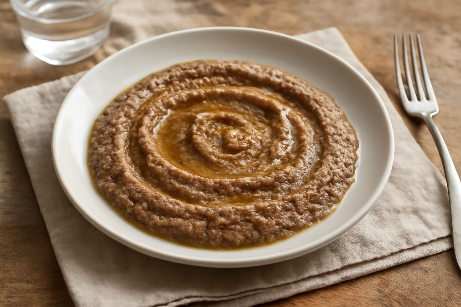 Condimento di acciughe marrone scuro cremoso in una ciotola bianca, con filetti di acciuga visibili, olio lucido sulla superficie e uno spicchio d'aglio accanto
