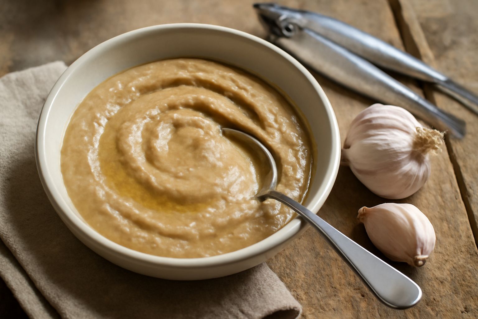 Ciotola di ceramica bianca con condimento cremoso color nocciola chiaro, venature di olio brillante in superficie, guarnito con rametto di prezzemolo fresco sul bordo, cucchiaio di legno a lato, tavol
