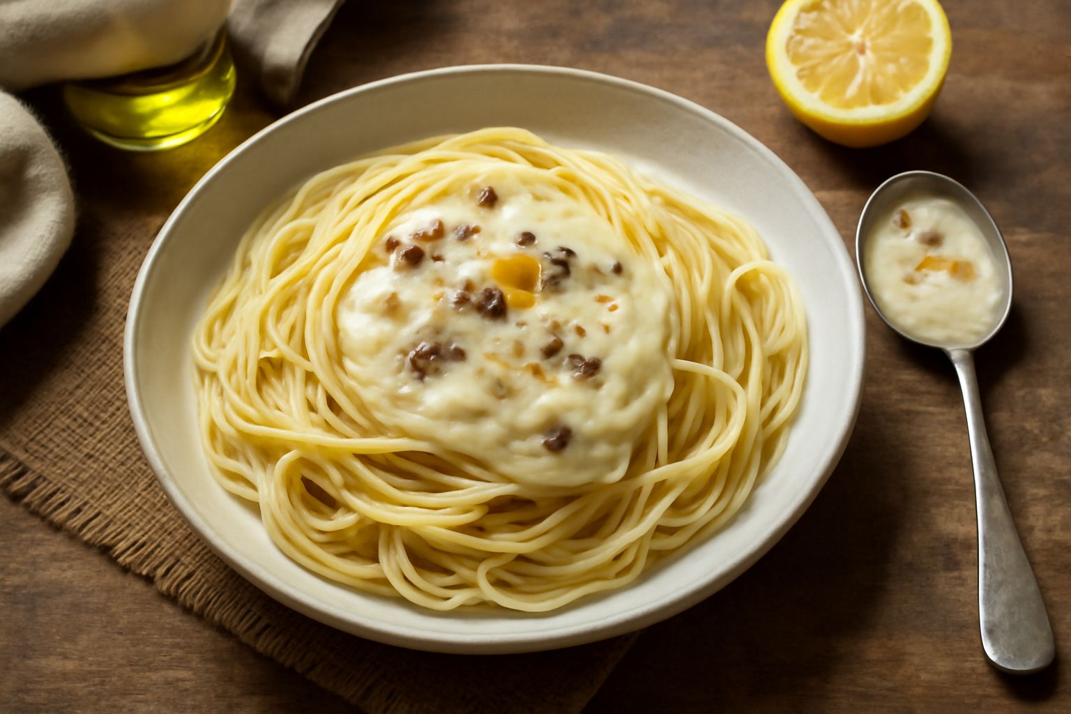 Ciotola di vetro con condimento cremoso color avorio con sfumature dorate, acciughe sbriciolate in superficie, gocce di olio lucido, limone fresco tagliato accanto su tavolo di legno