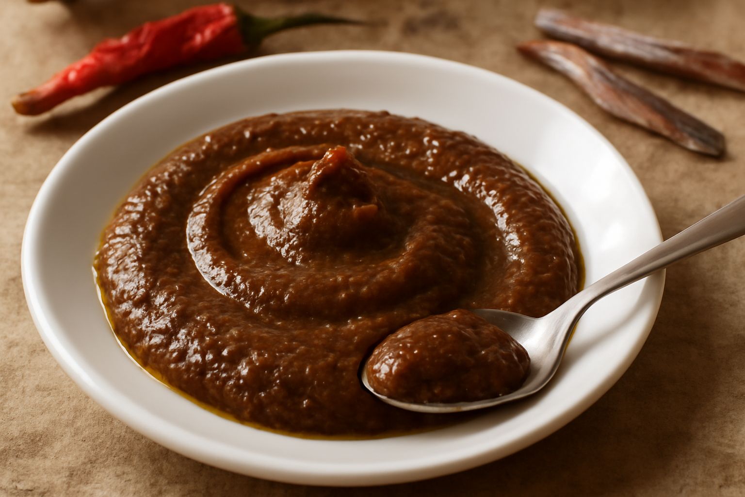 Ciotola di ceramica bianca con condimento cremoso marrone-rossiccio, cucchiaio d'acciaio, acciughe intere e peperoncini rossi secchi sul tavolo di legno