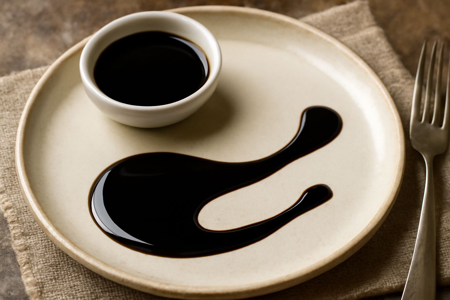 Condimento di aceto balsamico in una ciotola di ceramica bianca, densità scura e lucida, riflessi brunastri, versato su un cucchiaio di legno, sfondo con bottiglie di aceto balsamico