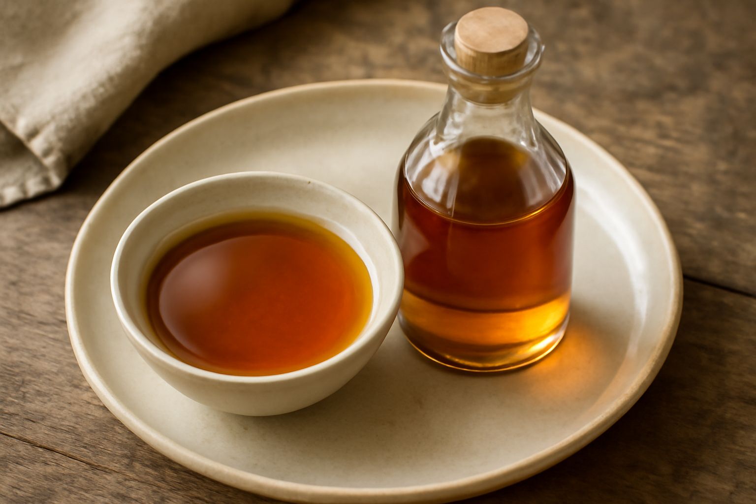 Condimento aceto e miele in una ciotola di vetro trasparente, dal colore ambrato dorato, con consistenza liquida e lucida. Accanto una bottiglia di vetro con il condimento finito, un cucchiaio di legn
