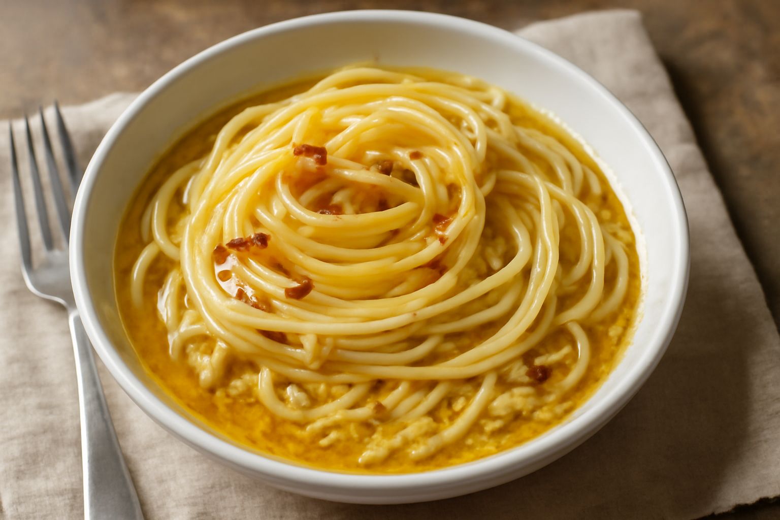Ciotola di vetro con olio giallo-dorato, scaglie di aglio bianche e peperoncino rosso secco in polvere, cucchiaio di legno accanto, fuoco soft naturale