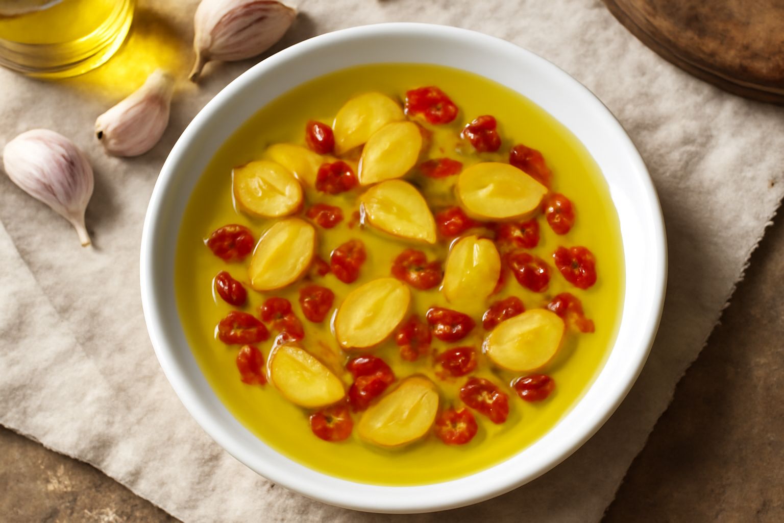 Condimento di aglio e peperoncino in una ciotola di ceramica bianca, con spicchi d'aglio dorati e peperoncino rosso vivo immersi in olio extravergine, accanto a un cucchiaio di legno