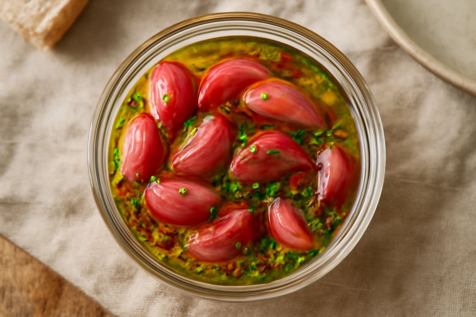 Piatto bianco con olio dorato infuso di aglio rosso, peperoncino rosso vivo e prezzemolo verde fresco in superficie, accompagnato da spicchi di aglio rosso e una bottiglia di olio extravergine sullo s