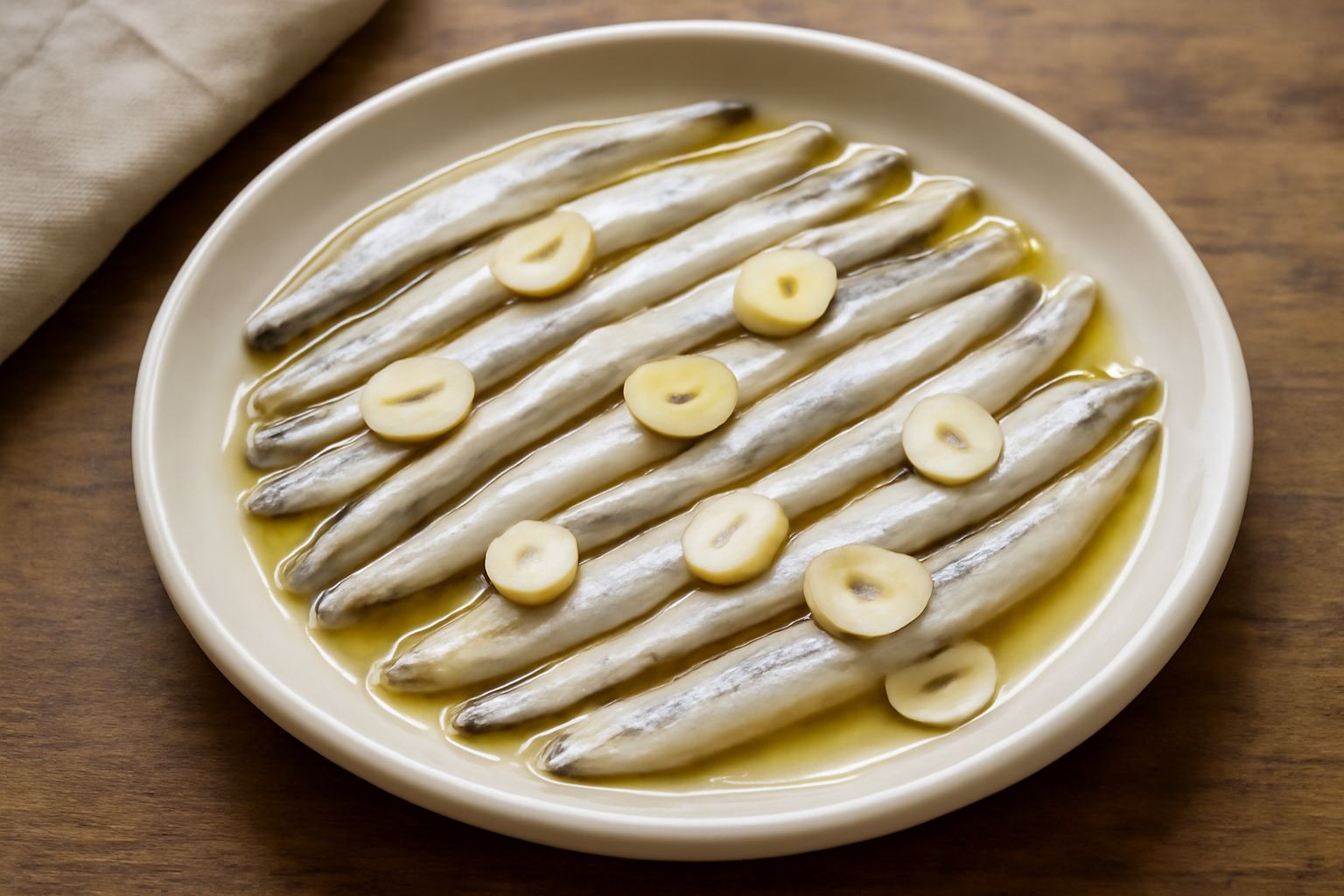 Filetti di alici ammorbiditi disposti su un piatto bianco con gocce di olio verde, prezzemolo fresco verde e fettine di aglio trasparenti visibili tra i filetti