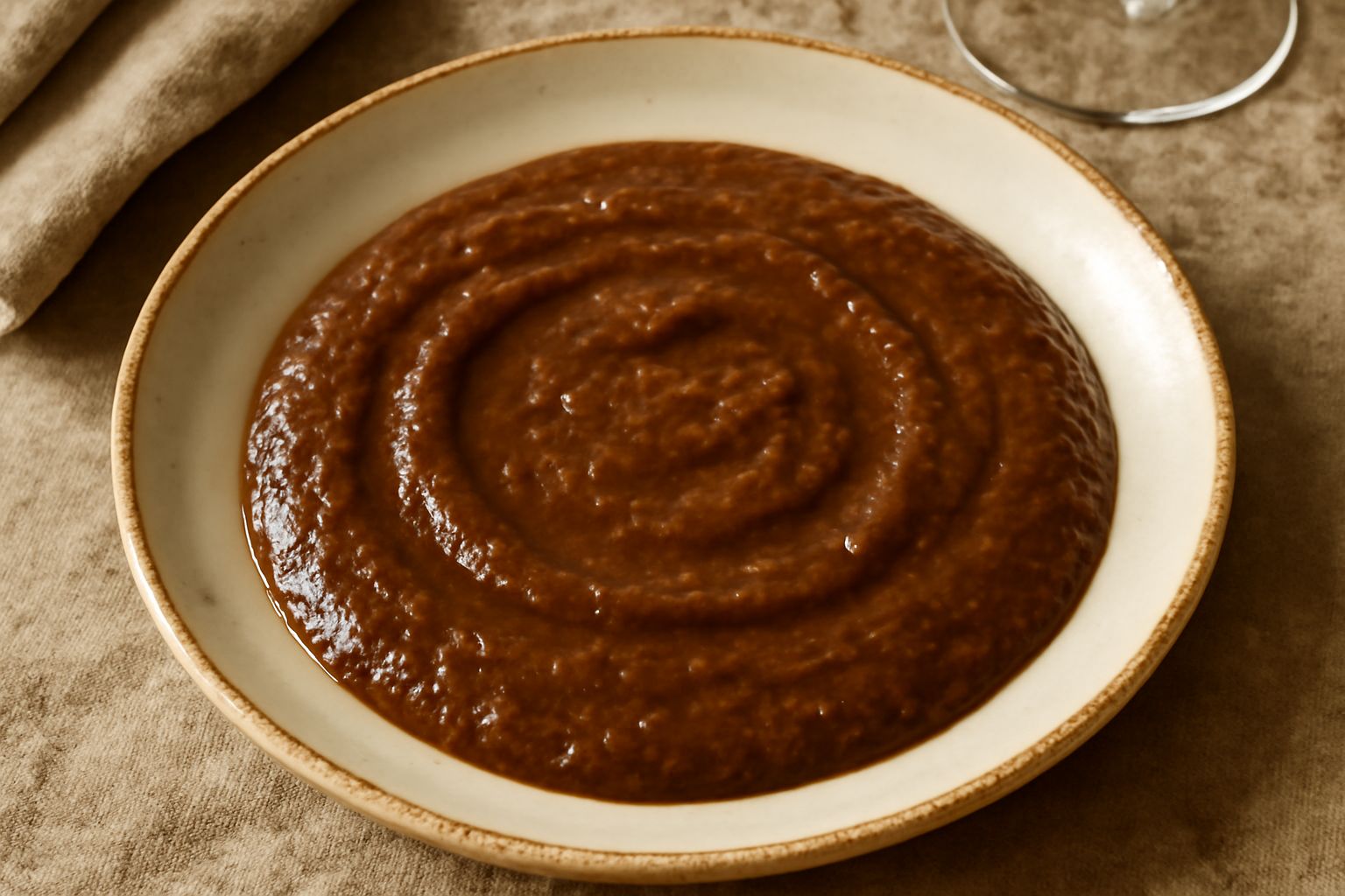 Condimento di acciughe e aglio di colore marrone scuro e cremoso, servito in una ciotola bianca con un cucchiaio, con spicchi di aglio e acciughe intere visibili attorno