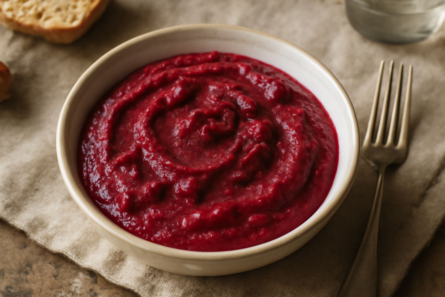 Ciotola di vetro con condimento di barbabietole rosso scuro, lucentezza leggermente gelatinosa, pezzi di barbabietola visibili, cucchiaio in legno dentro, sfondo bianco con foglie di barbabietola fres