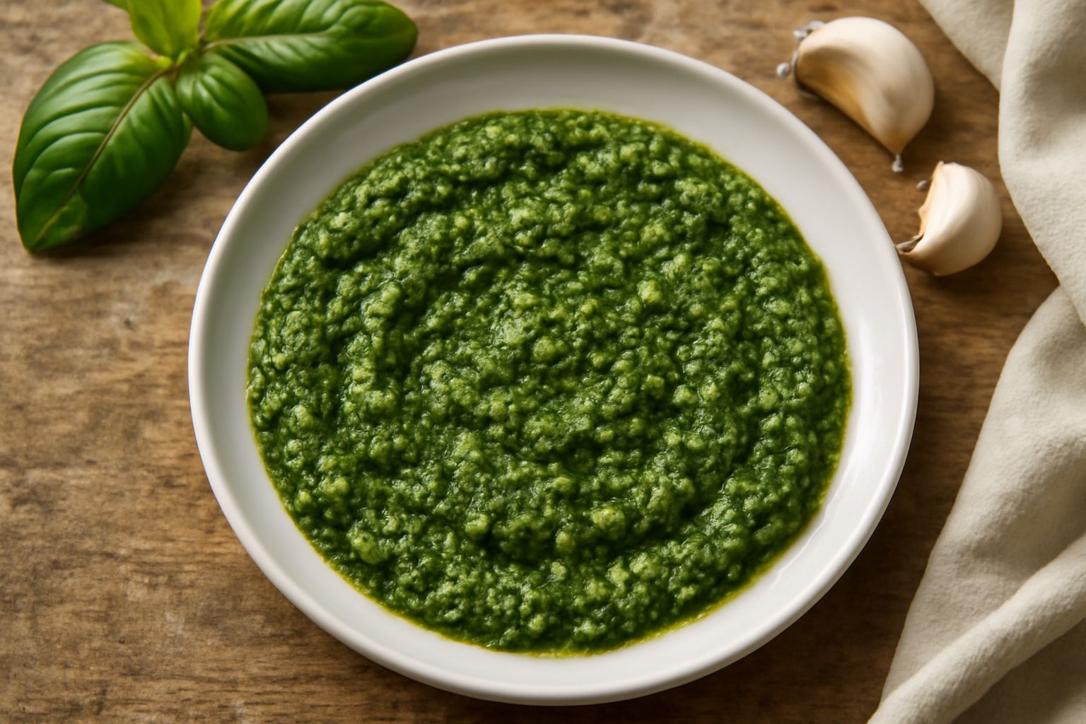 Ciotola di ceramica bianca contenente condimento verde intenso di basilico e aglio tritato finemente, con foglie di basilico fresco posate sul bordo e gocce di olio visibili in superficie