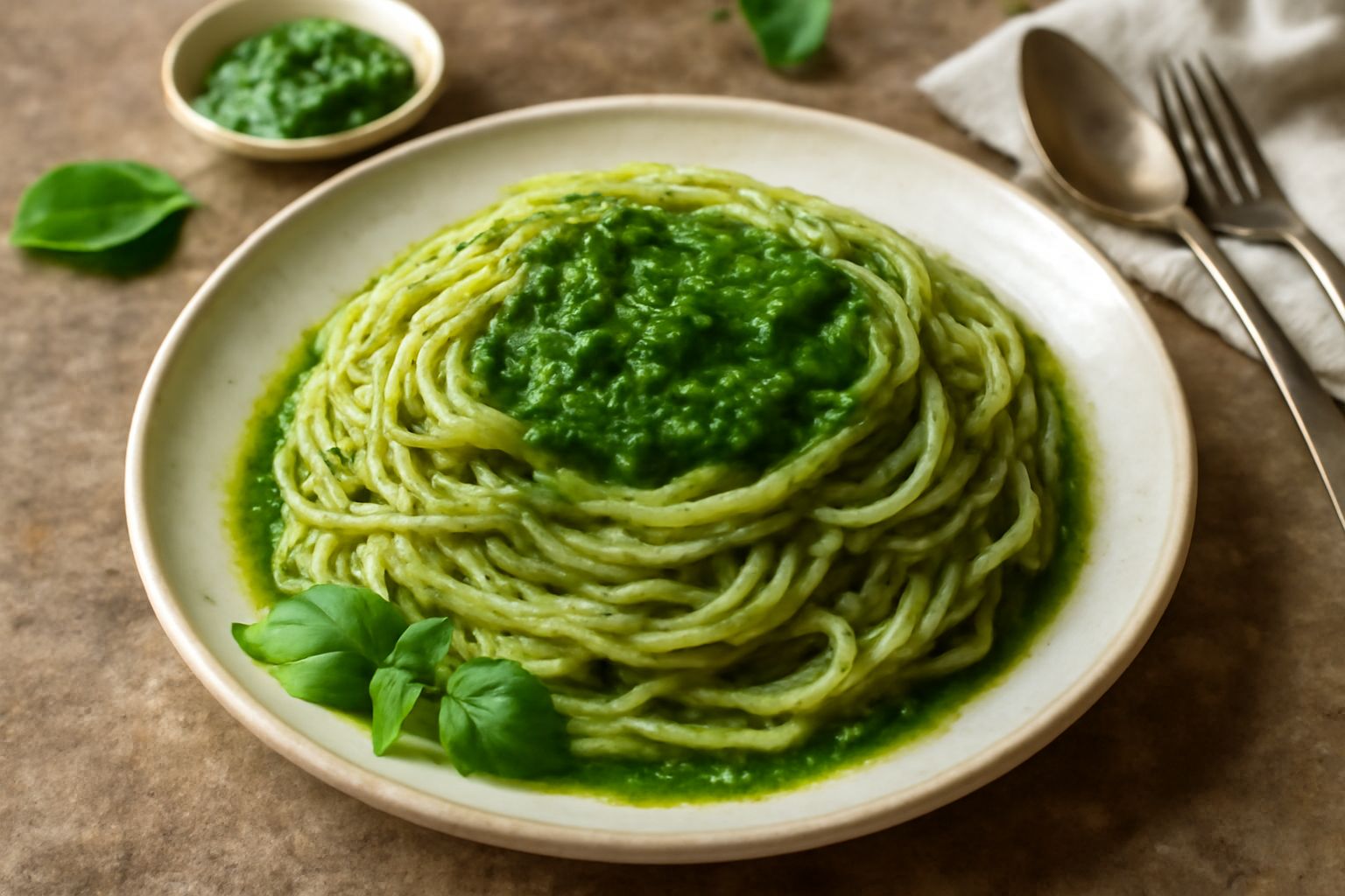 Barattolo di vetro contenente un condimento verde intenso di basilico tritato in olio, con foglie di basilico fresco adagiate sul coperchio di legno, su uno sfondo di marmo bianco