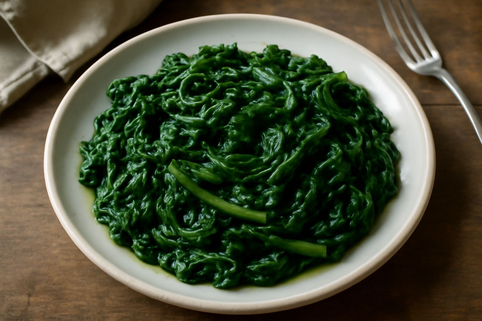 Bietole selvatiche verdi scure saltate in padella di ferro con spicchi d'aglio dorati, olio brillante e una spruzzata di pepe nero macinato fresco, servite in un piatto bianco.