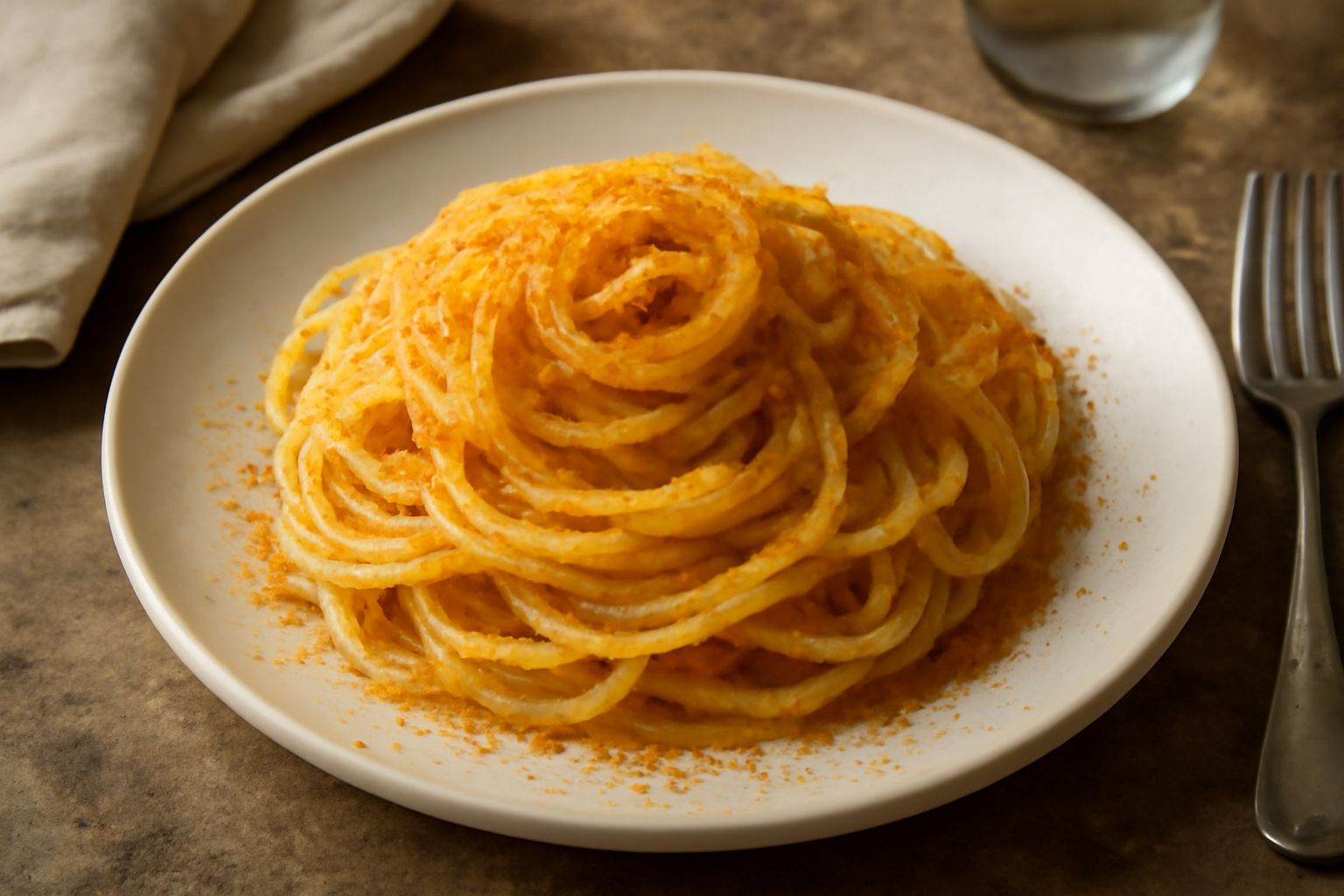 Bottarga grattugiata color ambra dorato su un piatto bianco, accanto a uno strumento grattugiatore in acciaio e un pezzo intero di bottarga non raffinato