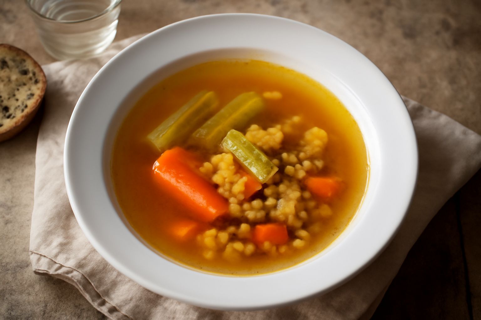 Pentola di acciaio inossidabile con brodo trasparente color ambra, gambi di sedano e carota visibili nel fondo, cipolla intera accanto, fumo leggero che sale dal brodo caldo appena colato in una cioto