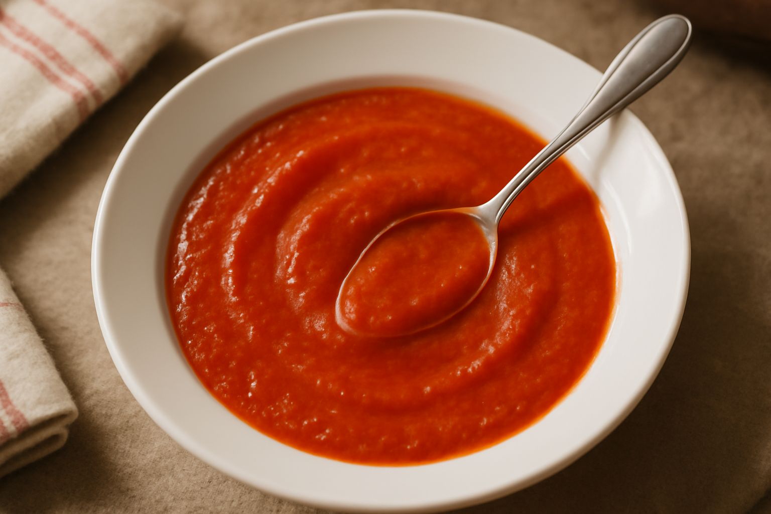 Ciotola di ceramica bianca con condimento rosso denso a base di pomodoro e brodo, con gocce d'olio dorato in superficie e qualche foglia di basilico fresco adagiata sopra