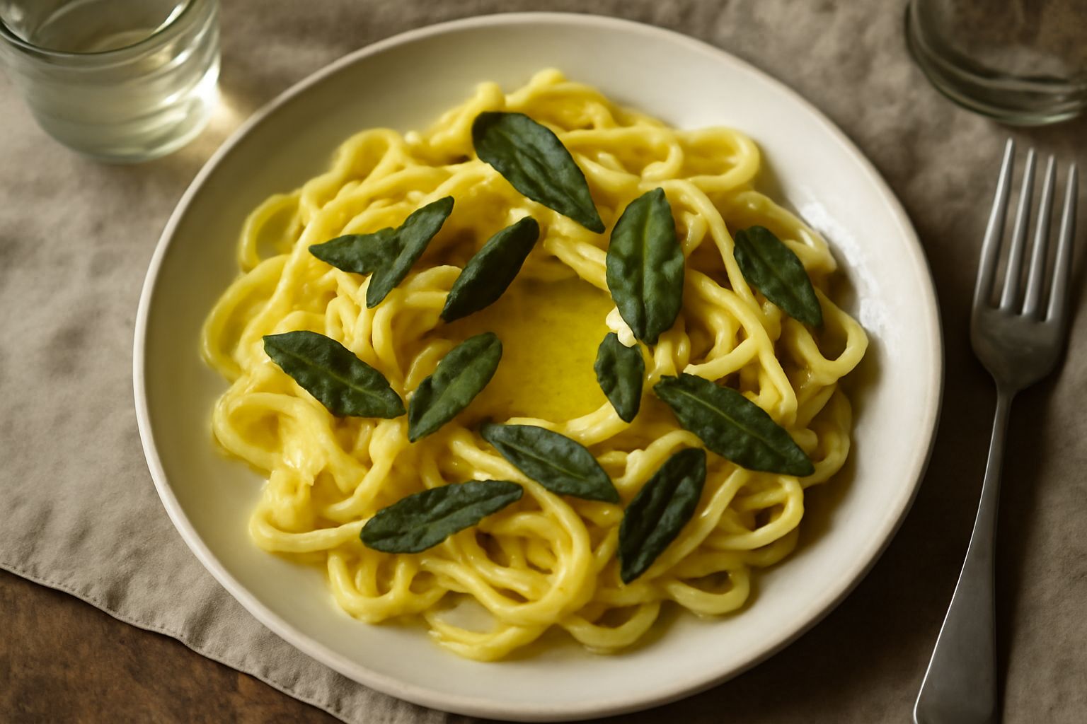 Burro color giallo dorato fuso in una padella con foglie di salvia verde scuro galleggianti e leggermente croccanti ai bordi