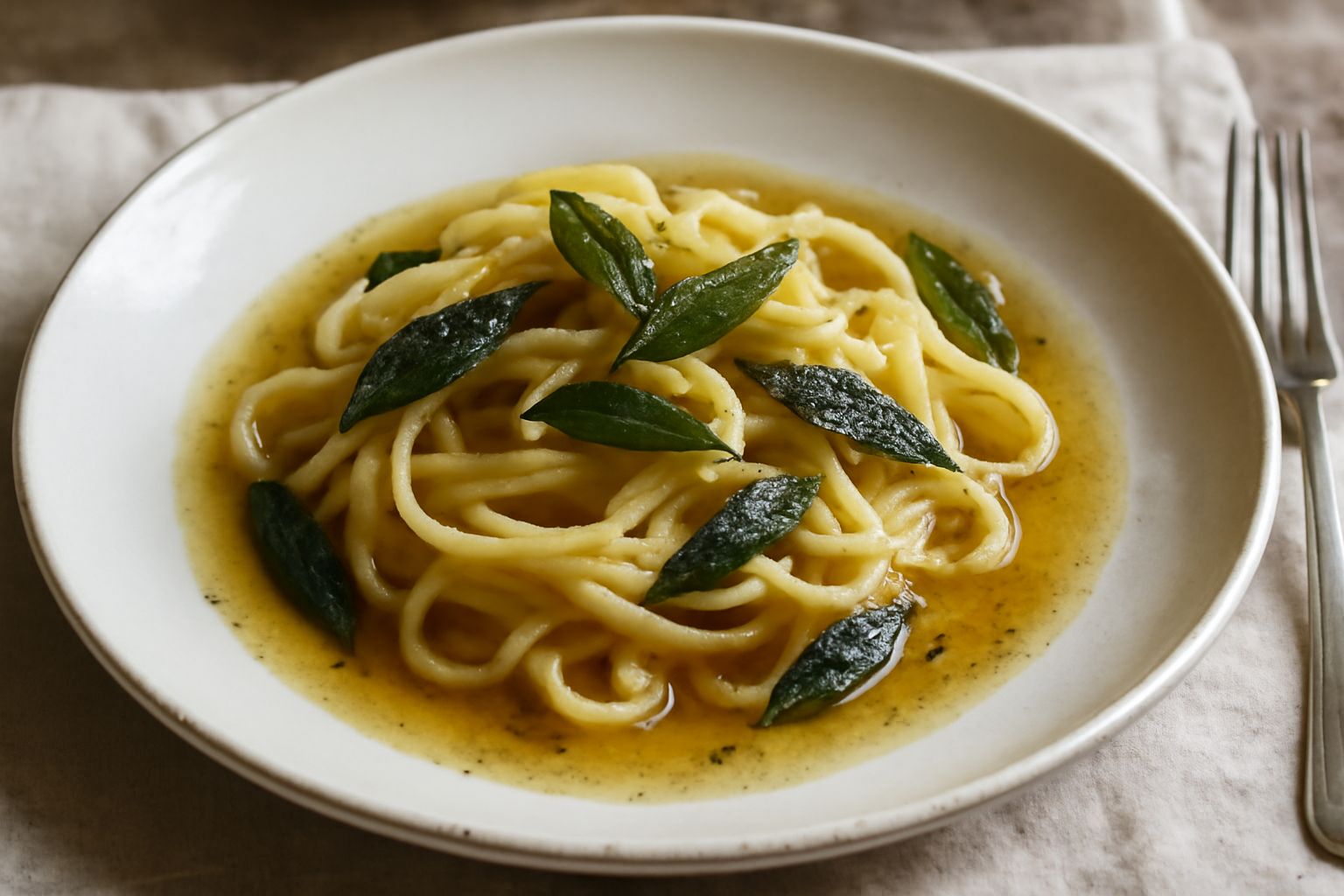 Burro fuso color oro intenso con foglie di salvia verde scuro galleggianti sulla superficie, versato in una piccola ciotola di ceramica bianca, sfondo di legno chiaro