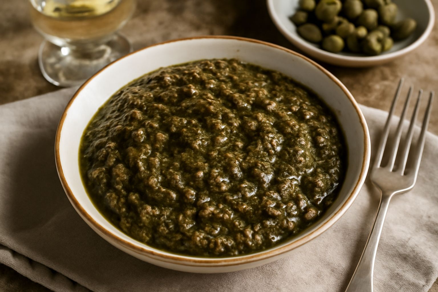 Condimento di capperi verde-scuro in una ciotola di ceramica bianca, con gocce di olio lucido in superficie, guarnito da una foglia di prezzemolo fresco e una fetta di limone sul bordo del piatto
