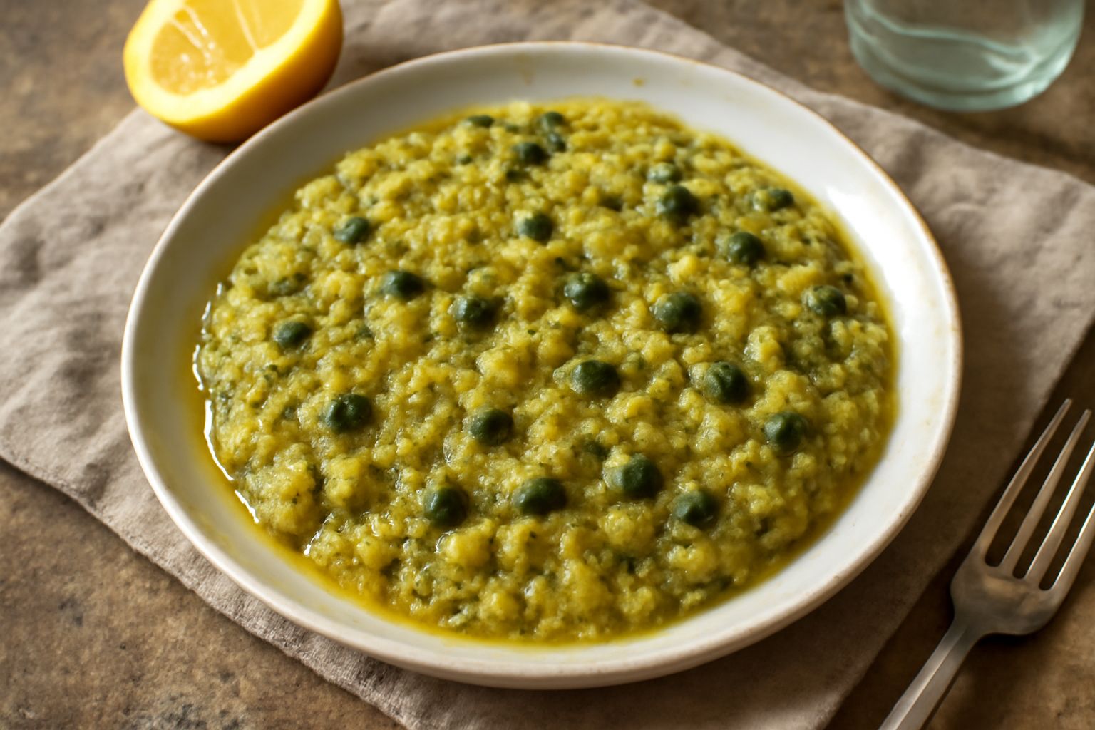 Ciotola bianca con condimento di capperi verdi e limone giallo, olio d'oliva lucido, prezzemolo fresco tritato, su tavolo di legno naturale