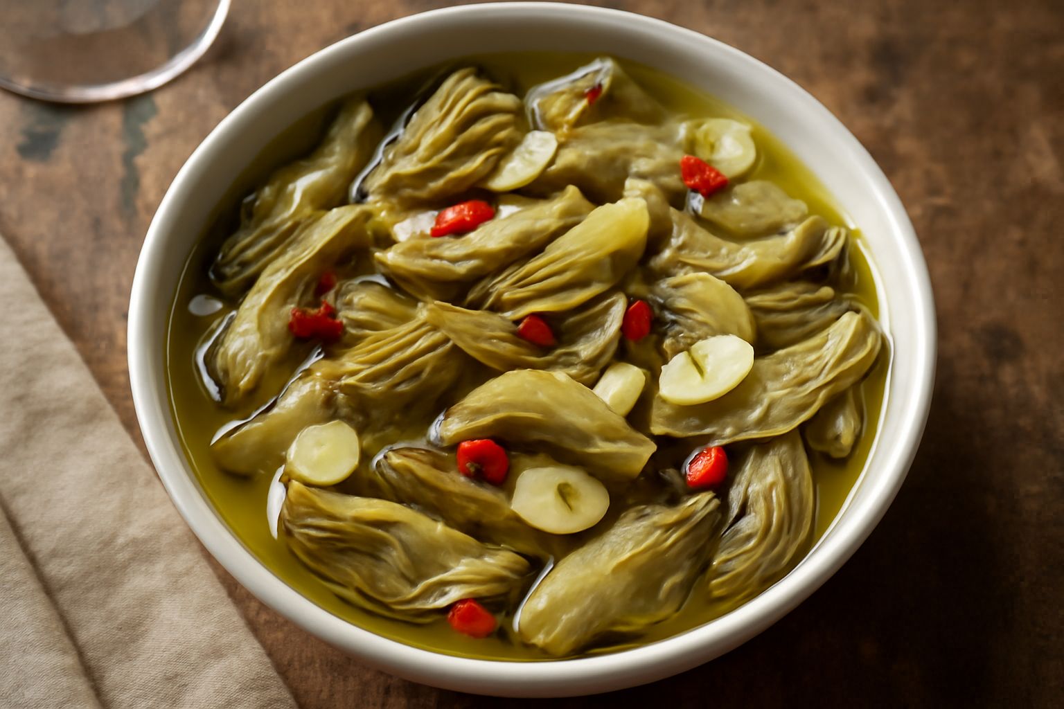 Ciotola di vetro piena di condimento di carciofi tagliati sottili di colore verde-grigio immersi in olio giallo, guarniti con fettine di aglio pallido e peperoncino rosso, su sfondo di legno naturale 