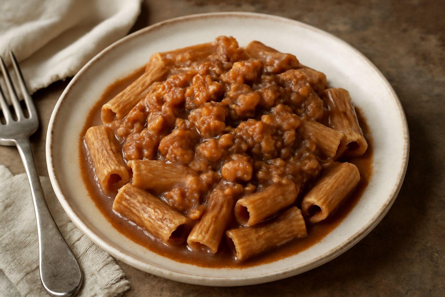 Piatto di pasta fregola ricoperto di condimento di castagne brunastre e cremose, con fili di cipolla caramellata trasparente, accompagnato da una ciotola di castagne sgusciate e un cucchiaio di legno 