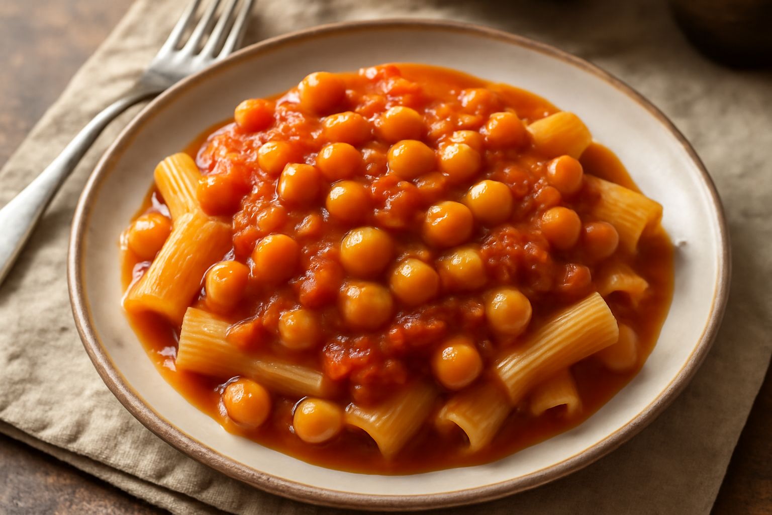 Piatto di pasta bianca ricoperto da un sugo denso di ceci interi e pezzetti di pomodoro rosso, con filo di olio verde e foglia di basilico fresco in cima