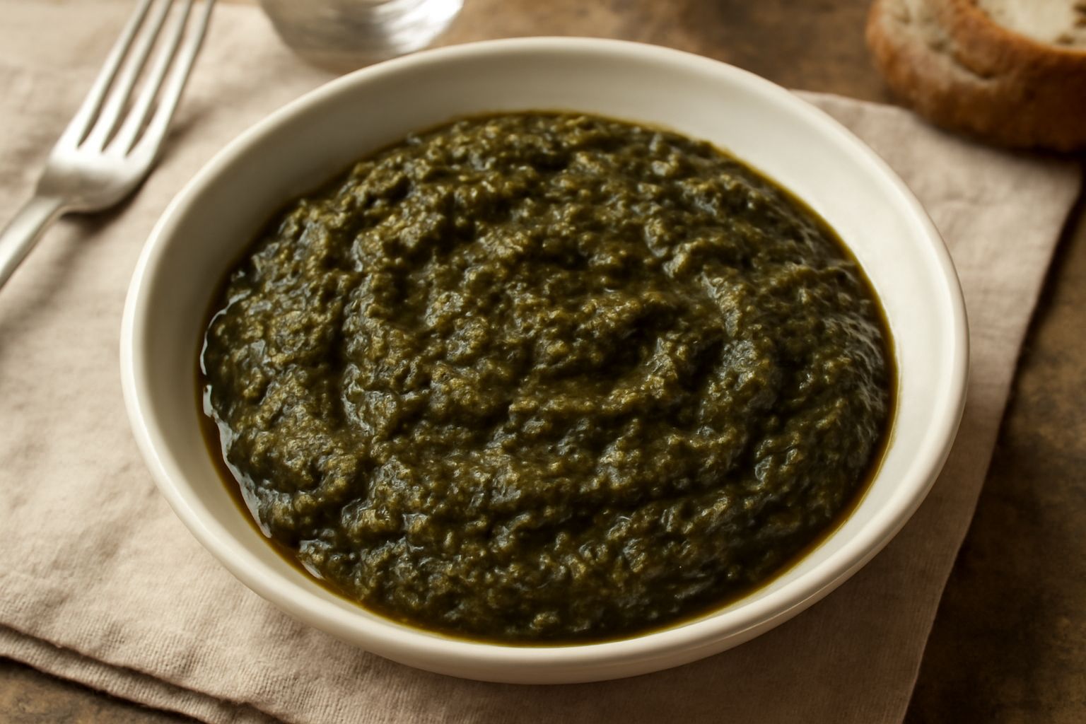 Condimento di cicoria in una ciotola bianca, di colore verde scuro, cremoso e lucido dall'olio, con foglie intere visibili, con fettine d'aglio dorate in superficie, servito su un tavolo di legno natu