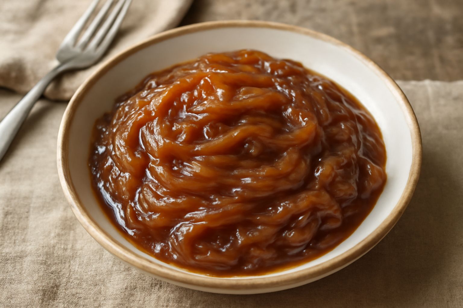 Cipolle caramellate dorate e brillanti in una ciotola bianca, filanti e lucide, con una consistenza morbida e colore marrone dorato uniforme