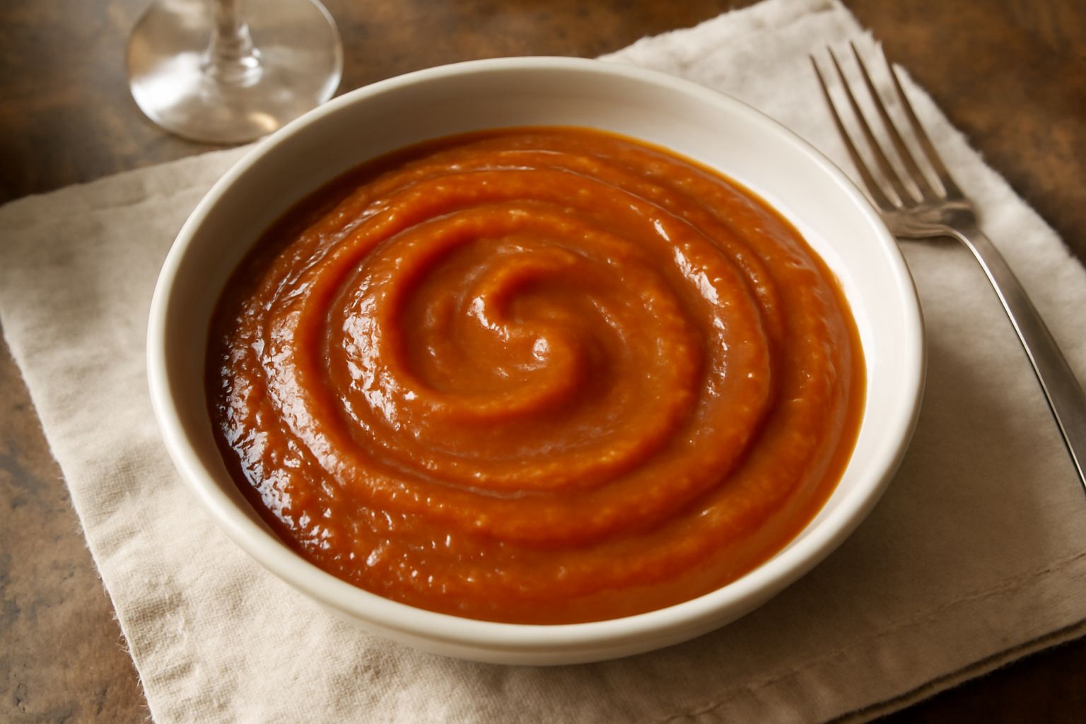 Condimento di cipolla color ambra dorato in una ciotola bianca, consistenza cremosa e vellutata, con goccioline di olio lucido in superficie e un rametto di prezzemolo fresco sul bordo