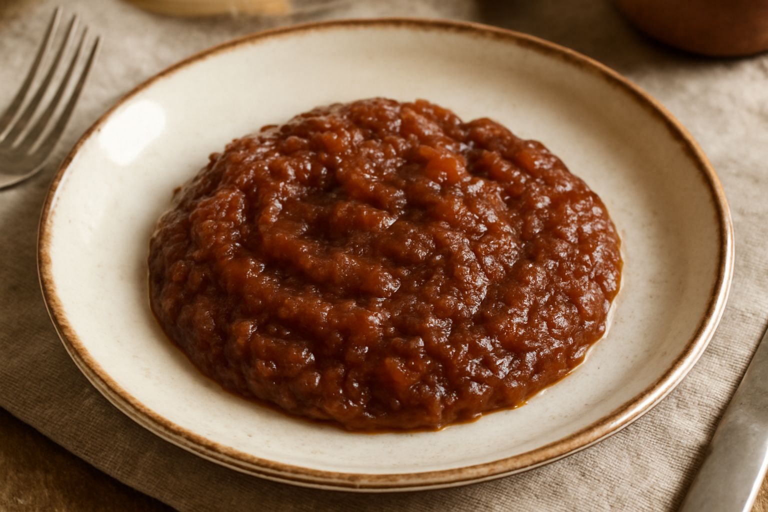 Condimento di cipolla di Tropea in una ciotola di vetro trasparente, cremoso e di colore rosso brunastro, con la cipolla ancora leggermente visibile, un cucchiaio dentro, sfondo bianco
