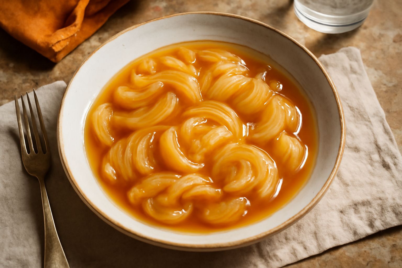 Condimento di cipolla e aceto in una ciotola di ceramica bianca: cipolle dorate e trasparenti immerse in liquido trasparente con riflessi dorati, su un tavolo di legno naturale con cucchiaio di legno 
