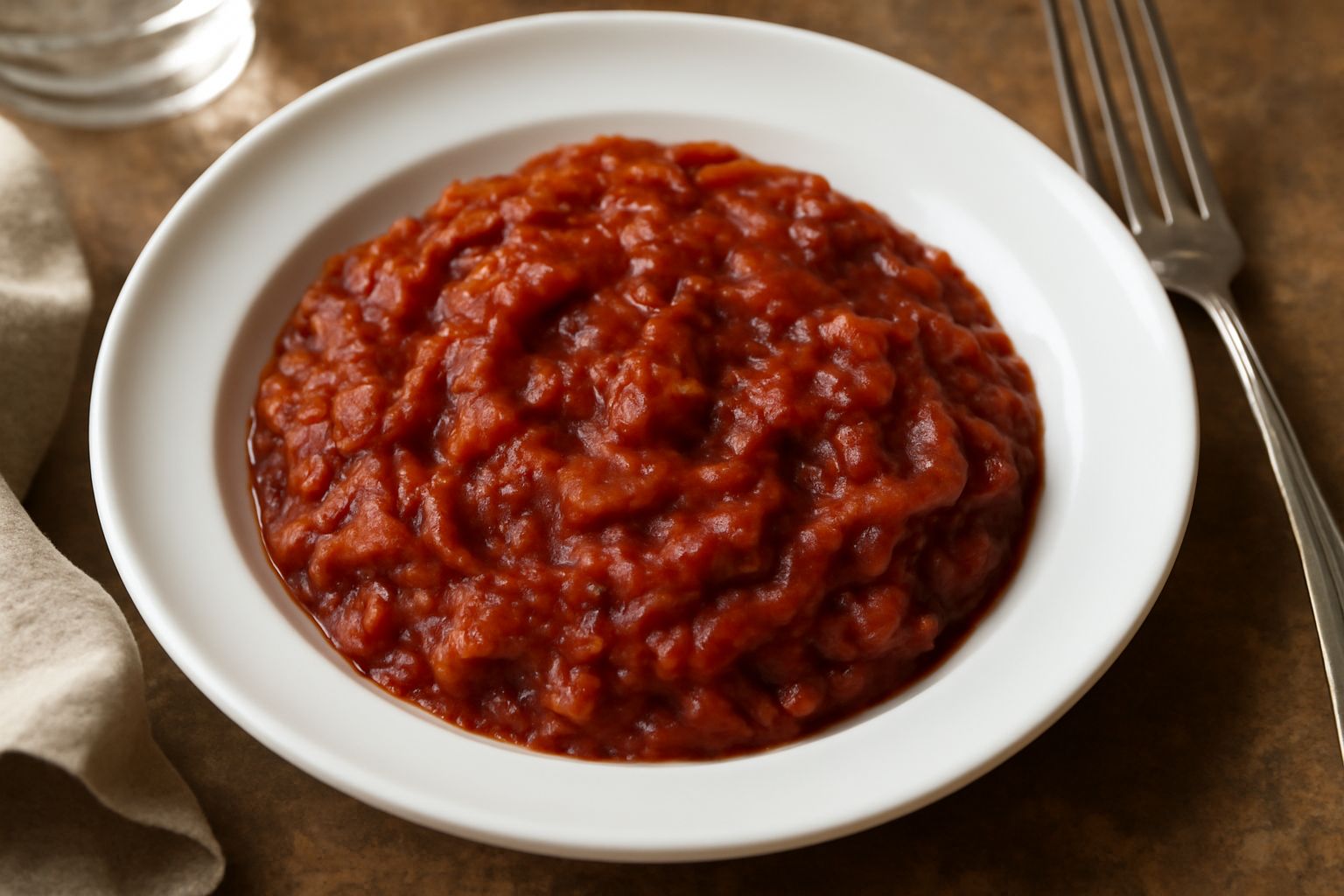Condimento di cipolla e pomodoro rosso intenso in ciotola bianca, con cipolla leggermente caramellata e pomodori ridotti, servito con cucchiaio di legno su tavolo di cucina