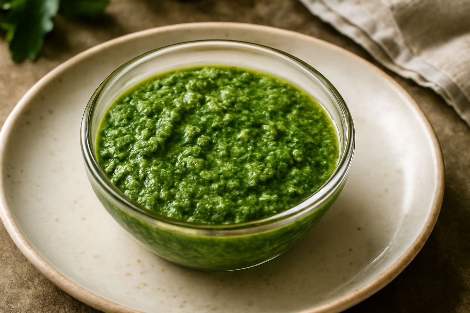 Ciotola di vetro trasparente con condimento verde brillante di erbe aromatiche, filetti di basilico e prezzemolo visibili, olio dorato in superficie, cucchiaio di legno accanto, erbe fresche intorno s