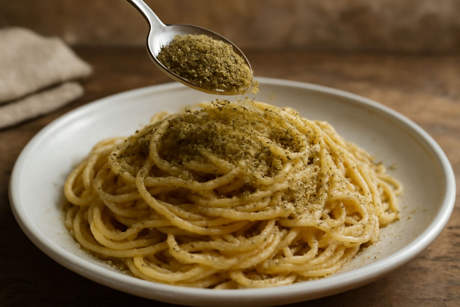 Un piccolo barattolo di vetro con condimento di erbe aromatiche secche color verde-marrone, spiga di timo fresco accanto, sfondo bianco luminoso, diffusione morbida