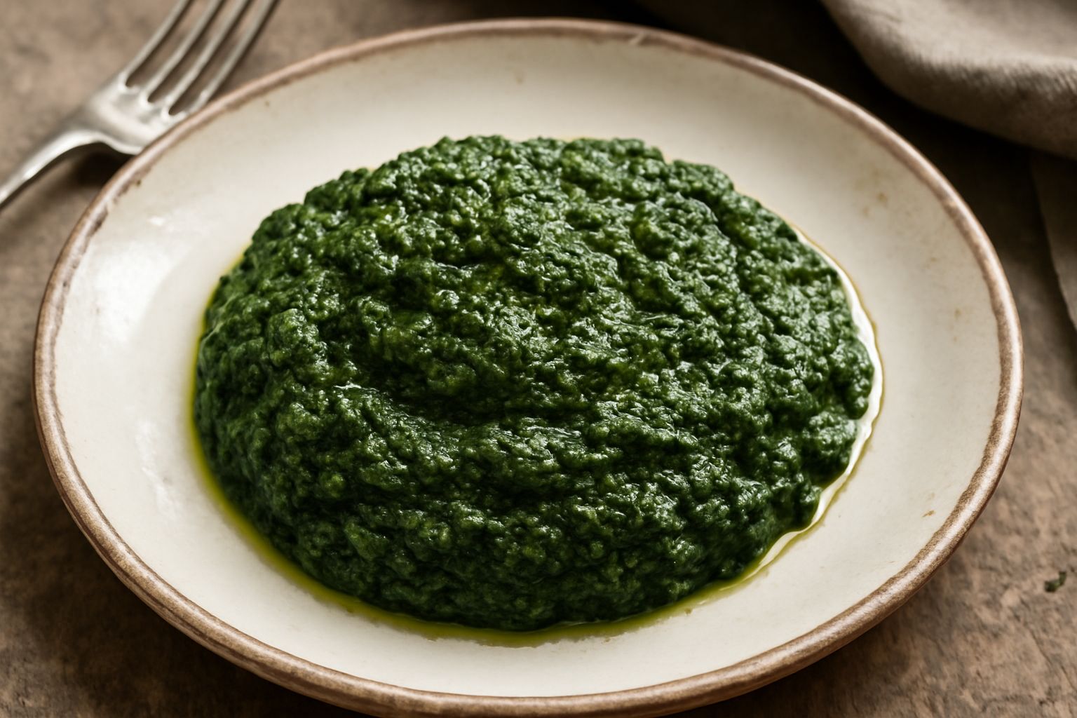 Condimento denso verde scuro in una ciotola di vetro, con frammenti di erbe visibili, accompagnato da rametti freschi di ortica, tarassaco e prezzemolo selvatico su fondo di legno naturale