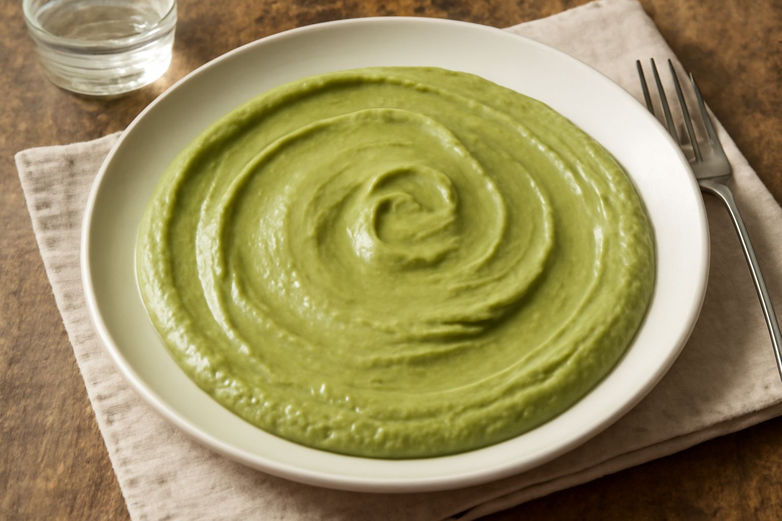 Ciotola di ceramica bianca contenente un condimento di fave color verde salvia, cremoso e omogeneo, guarnito con un filo d'olio verde in superficie e qualche fogliolina di menta. Sfondo di fave fresch