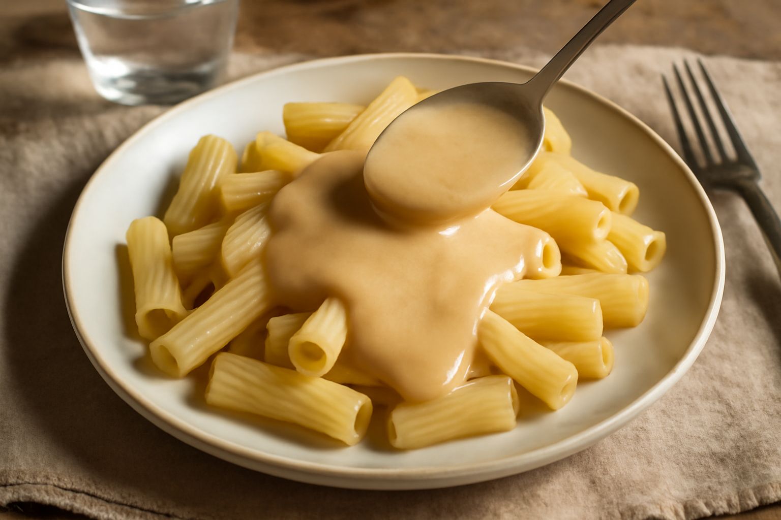 Condimento di formaggi cremoso di colore beige dorato servito in una ciotola bianca, con striature di burro fuso e visibili pezzetti di formaggio grattugiato, accompagnato da pane tostato e verdure cr