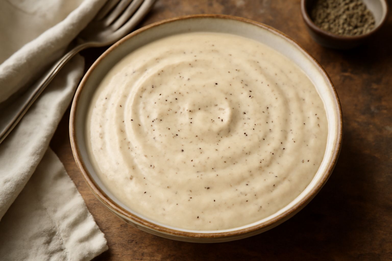 Condimento cremoso di colore beige chiaro con grani di pepe nero visibili in superficie, servito in una ciotola di ceramica bianca con un cucchiaio di legno accanto