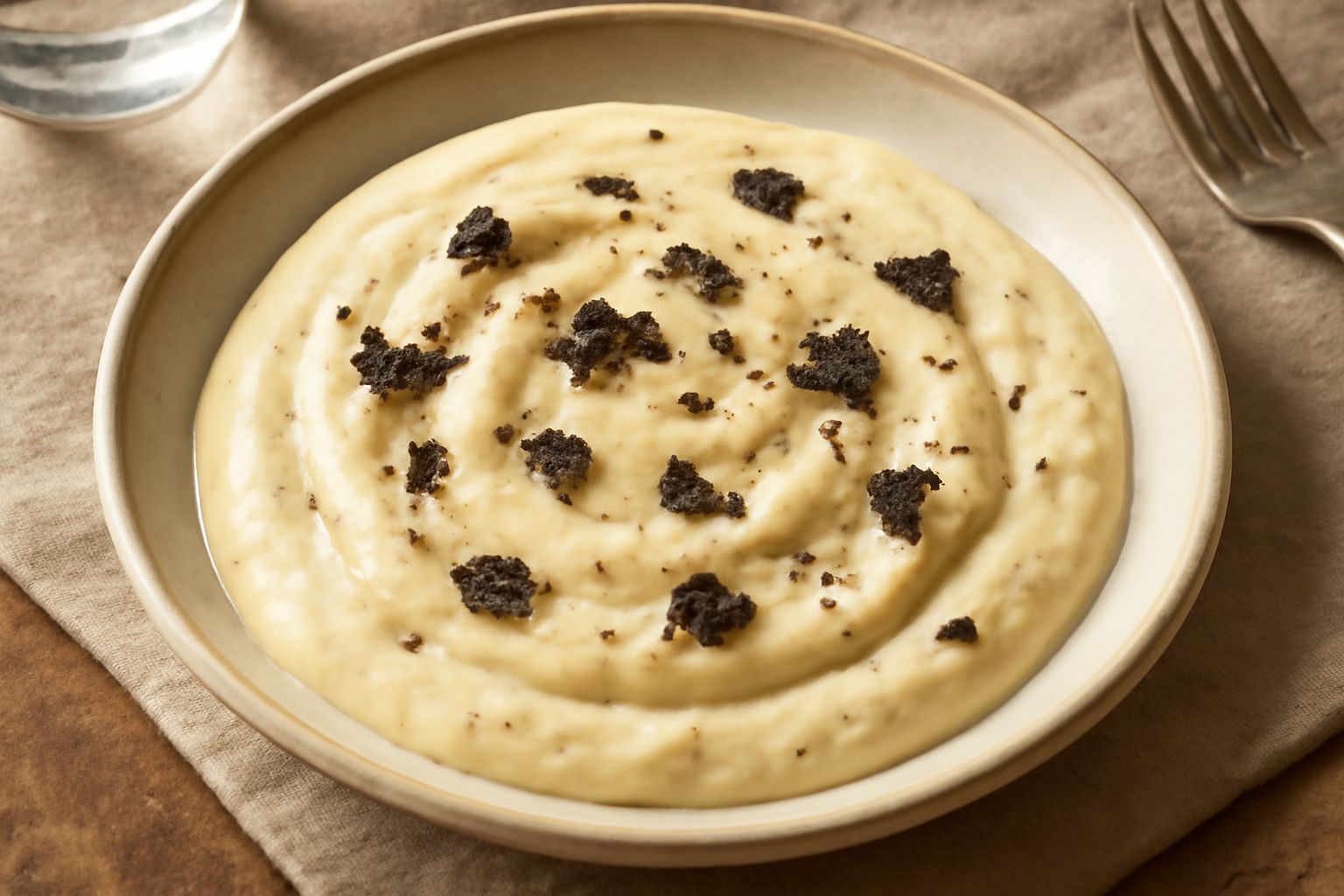 Ciotola di porcellana bianca con condimento cremoso di colore giallo-bianco, scaglie nere di tartufo sparse in superficie, spolverata di formaggio grattugiato, su sfondo di legno naturale chiaro