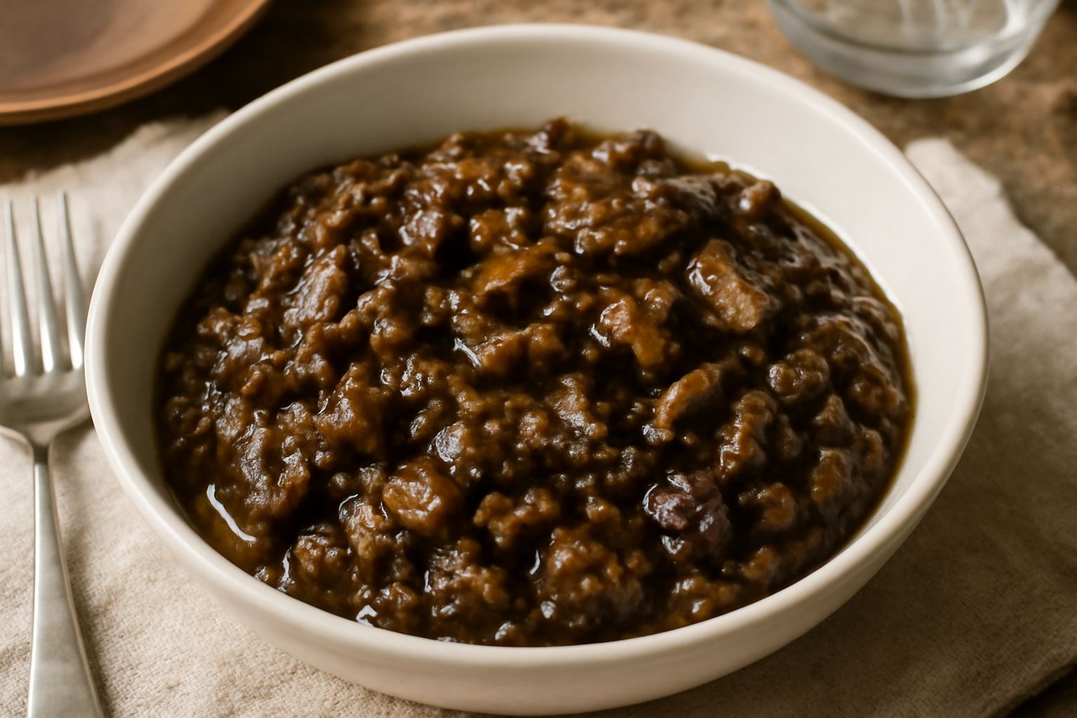Condimento di funghi in una ciotola bianca con funghi trifolati marroni e dorati, prezzemolo verde fresco sparso sopra, gocce di olio visibili sulla superficie