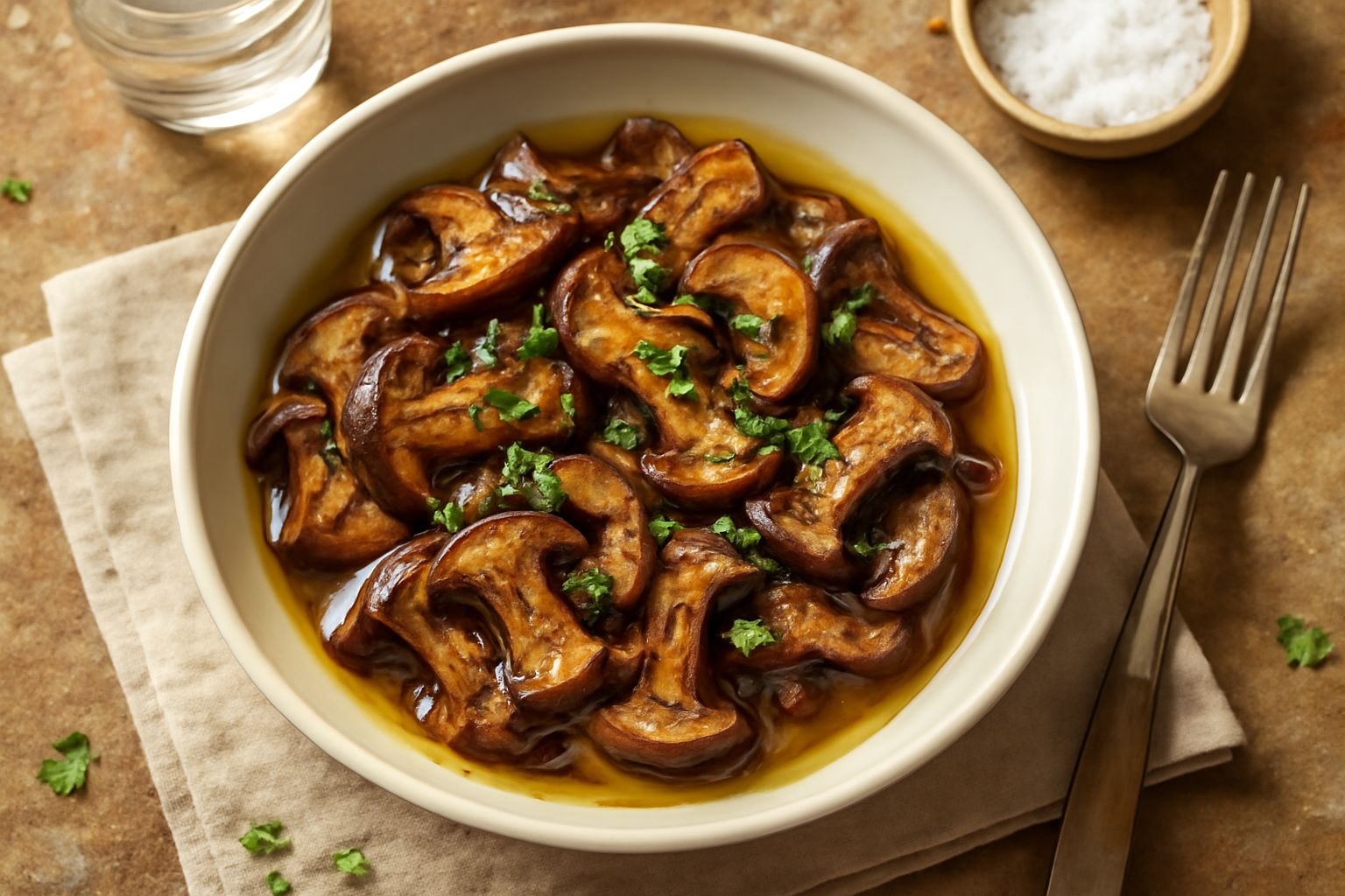 Condimento di funghi cardoncelli in una ciotola bianca, con i funghi tagliati a fette sottili, colore marrone scuro e oro dall'olio, decorati con prezzemolo fresco verde, su uno sfondo di legno chiaro