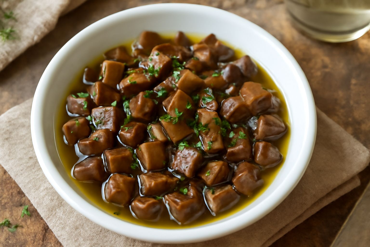 Condimento di funghi porcini in una ciotola bianca: funghi brunastri tagliati piccoli, brillanti di olio, con frammenti di aglio e prezzemolo verde sparsi in superficie