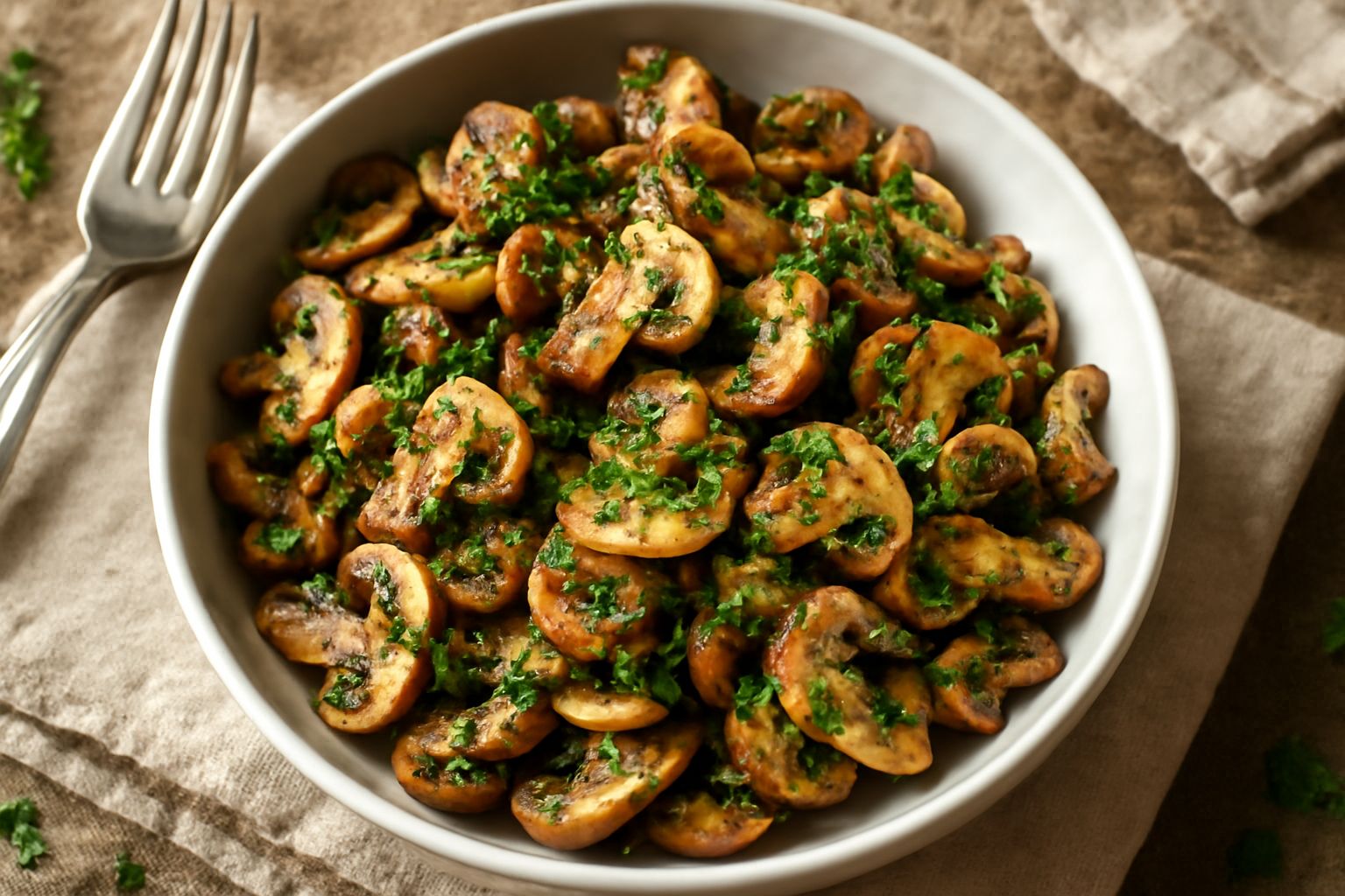 Funghi trifolati in una ciotola bianca, con lamelle dorate e prezzemolo verde sminuzzato sparso sulla superficie, olio lucido che brilla, su fondo di legno chiaro