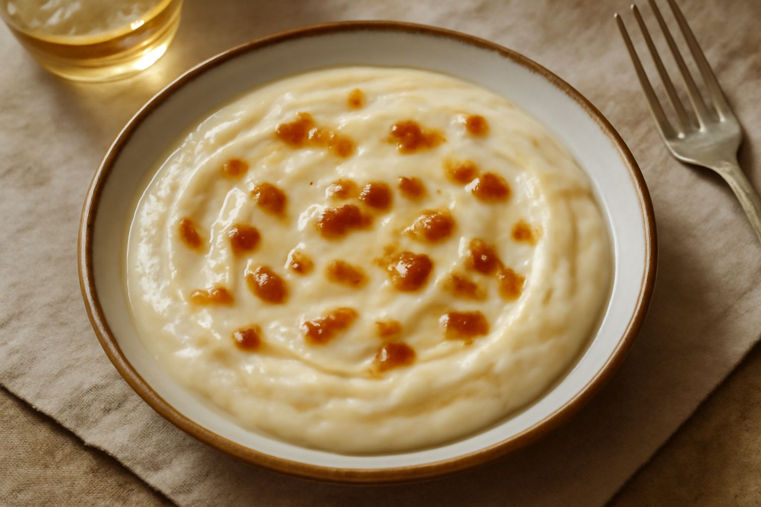 Condimento di lardo cremoso in una ciotola bianca, di colore bianco avorio con sfumature dorate, con goccioline di grasso trasparente, cipolla tritata visibile, accanto a un cucchiaio di legno e aglio