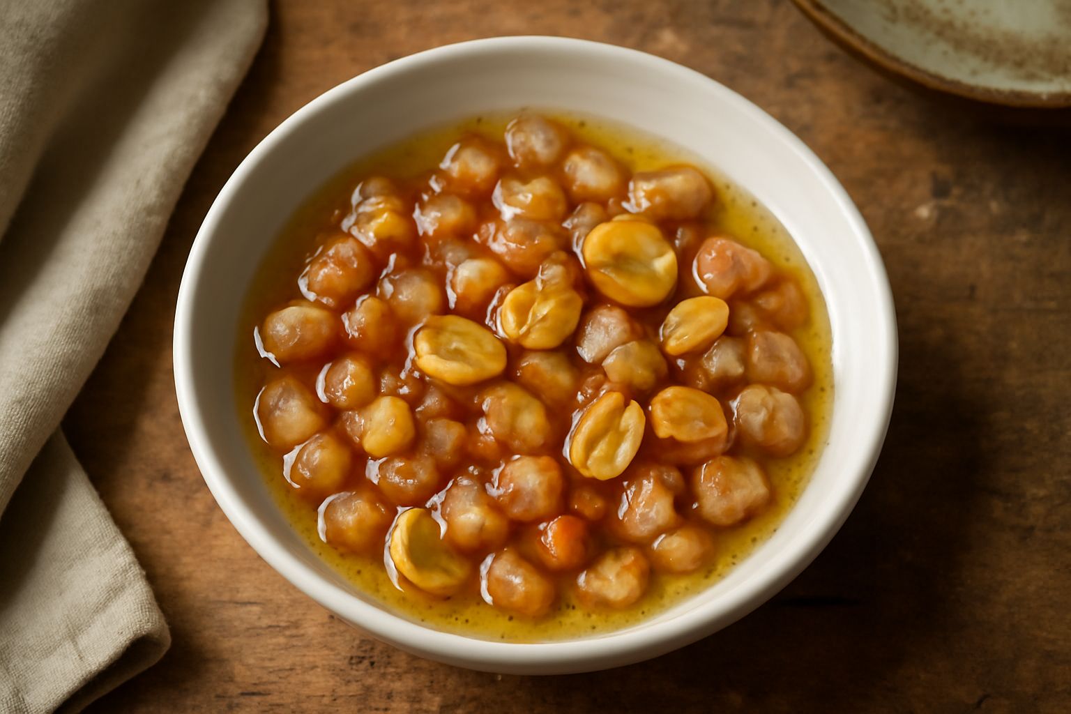 Condimento di lardo e aglio in una ciotola di ceramica bianca: cubetti di lardo trasparenti e dorati, fettine di aglio caramellate, olio brillante e fumante