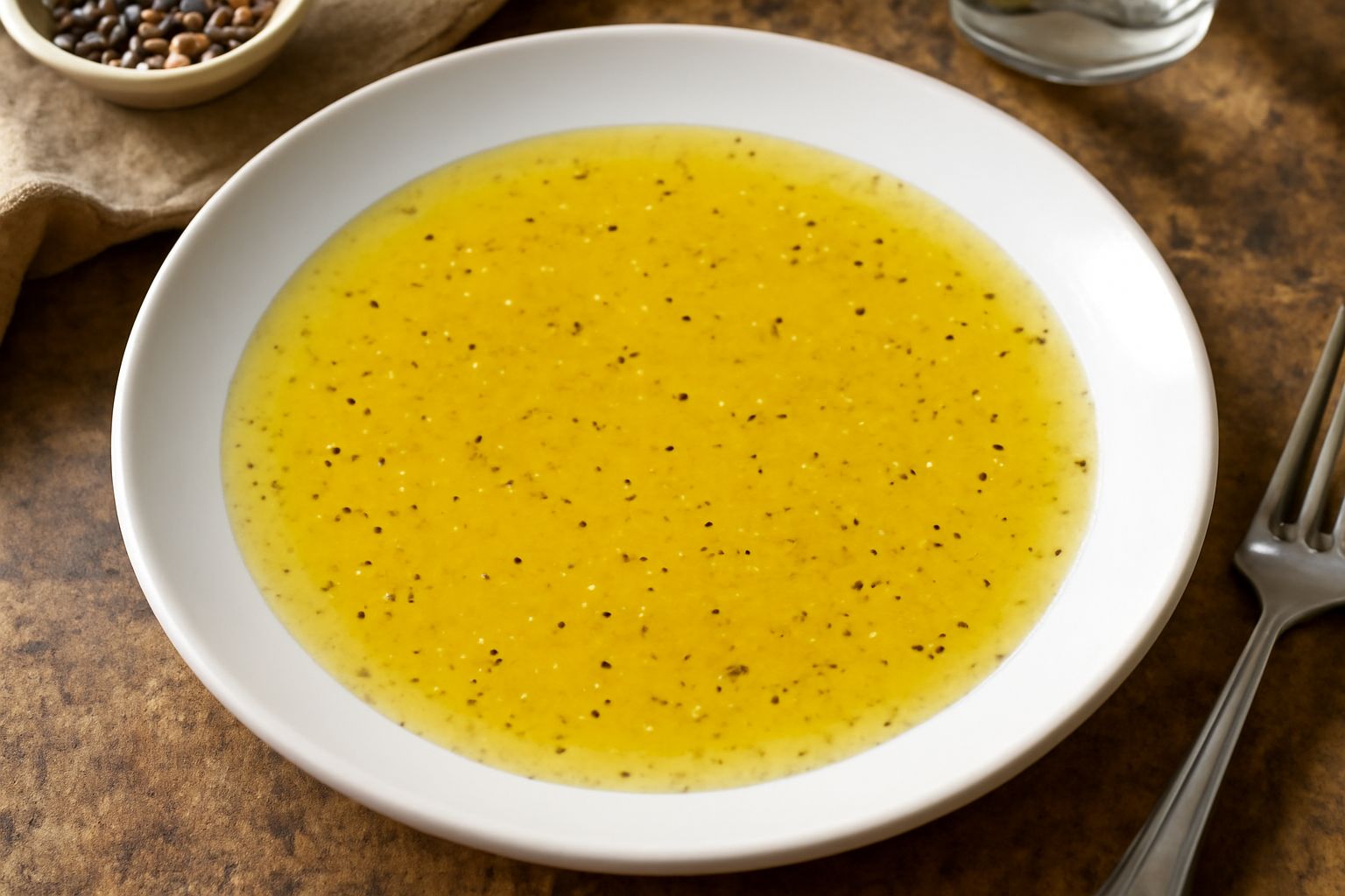 Ciotola trasparente di vetro con condimento di limone giallo paglierino, una montagna di limoni freschi tagliati a metà sullo sfondo, gocce di olio che cadono nella salsa, tavolo bianco